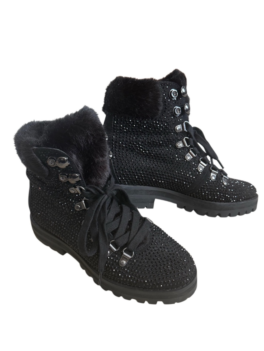 Express Black Rhinestone Lace-Up Fur Collar Ankle Boots Size 6
